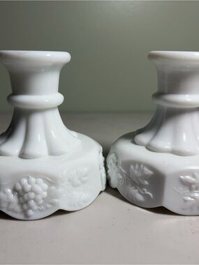 Vintage White Westmoreland Milk Glass Candle Stick Holders- Paneled Grape